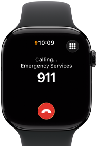 Apple Watch Series 11, aluminum jet black case, emergency call to 911 on screen, right side exterior: Digital Crown, black Sport Band