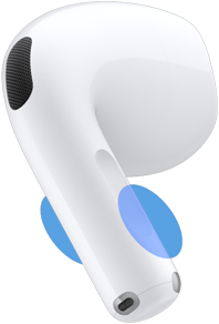 الجهة الخارجية لسماعات AirPods&nbsp;5، دوائر زرقاء تحدد المكان الذي يجب لمسه في الجذع للتحكم في مستوى الصوت