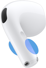 الجهة الخارجية لسماعات AirPods&nbsp;5، دوائر زرقاء تحدد المكان الذي يجب لمسه في الجذع للتحكم في مستوى الصوت