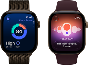 Apple Watch Series 12, aluminum case, dark bronze color, sleep score circle graph, Digital Crown, Milanese Loop band, dark bronze color