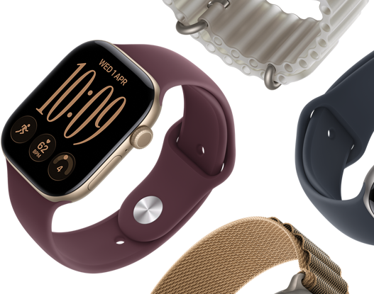 Apple Watch Series 11 bands: purple fog Sport Band, anchor blue Ocean band, light blue Alpine Loop