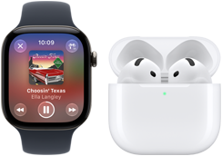 Apple Watch Series 12, aluminum case, black color, black Sport Band, Apple Music app open, paired with AirPods 4