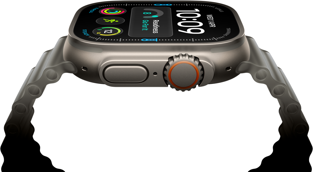 Apple Watch Ultra 4, titanium case, natural color, digital clock face, complications: readiness, heart rate, Workouts, temperature, right side exterior, Digital Crown, raised side button, Ocean Band, translucent gray color