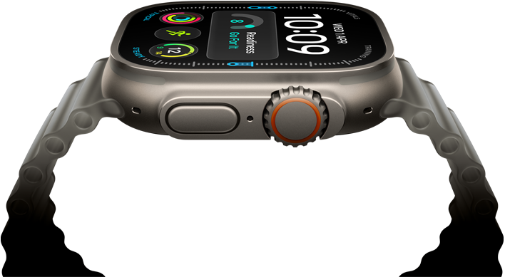 Apple Watch Ultra 4, titanium case, natural color, digital clock face, complications: readiness, heart rate, Workouts, temperature, right side exterior, Digital Crown, raised side button, Ocean Band, translucent gray color