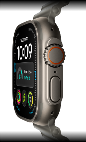 Apple Watch Ultra 4, titanium case, natural color, digital clock face, complications: readiness, heart rate, Workouts, temperature, right side exterior, Digital Crown, raised side button, Ocean Band, translucent gray color