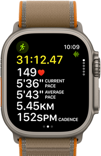 Apple Watch Ultra 4, titanium case, natural color, advanced Outdoor Run workout metrics, right side exterior, Digital Crown, raised side button, Trail Loop band, sand color
