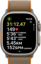 Apple Watch Ultra 4, titanium case, natural color, advanced Outdoor Run workout metrics, right side exterior, Digital Crown, raised side button, Trail Loop band, sand color