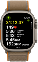 Apple Watch Ultra 4, titanium case, natural color, advanced Outdoor Run workout metrics, right side exterior, Digital Crown, raised side button, Trail Loop band, sand color