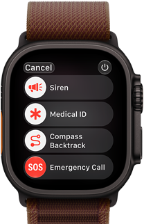 Apple Watch Ultra 4, titanium case, black color, satellite connection, right side exterior, Digital Crown, raised side button, Alpine Loop band, burgundy color