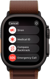 Apple Watch Ultra 4, titanium case, black color, satellite connection, right side exterior, Digital Crown, raised side button, Alpine Loop band, burgundy color