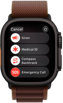 Apple Watch Ultra 4, titanium case, black color, satellite connection, right side exterior, Digital Crown, raised side button, Alpine Loop band, burgundy color