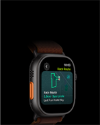 Apple Watch Ultra 4, titanium case, black color, Race Route feature with a map of a running route, left side exterior, Action button, Alpine Loop band, burgundy color