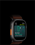 Apple Watch Ultra 4, titanium case, black color, Race Route feature with a map of a running route, left side exterior, Action button, Alpine Loop band, burgundy color