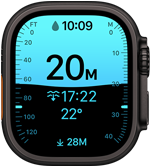 Apple Watch Ultra 4, titanium case, black color, Depth app showing diving metrics, right side exterior, Digital Crown, raised side button