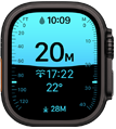 Apple Watch Ultra 4, titanium case, black color, Depth app showing diving metrics, right side exterior, Digital Crown, raised side button