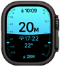 Apple Watch Ultra 4, titanium case, black color, Depth app showing diving metrics, right side exterior, Digital Crown, raised side button
