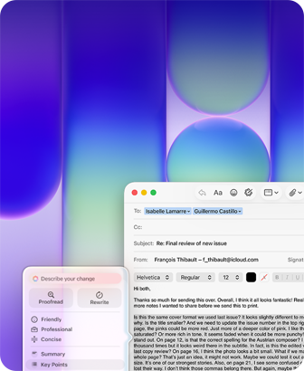 MacBook Neo screen, using Apple Intelligence Writing Tools in Mail to revise a long paragraph in an email containing feedback on a publication