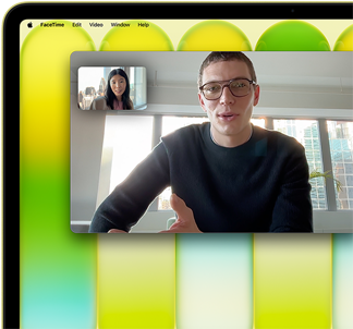 MacBook Neo, citrus color, video call onscreen, Center Stage feature keeps user centered in the frame
