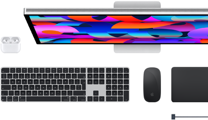 Mac accessories: Airpods, Studio Display, Magic Keyboard, Magic Mouse, Magic Trackpad, MagSafe charge cable in Space Black