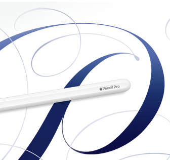 قلم&nbsp;Apple&nbsp;Pro، لون أبيض، معروض على خلفية بيضاء مع دوامات بلون أزرق