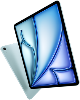 زاوية أمامية لجهاز iPad&nbsp;Air مقاس 13&nbsp;إنش، شاشة ملونة معروضة على الشاشة، جهاز iPad&nbsp;Air مقاس 11&nbsp;إنش مع الجانب الخلفي الخارجي وكاميرا خلفية واسعة 12MP‏