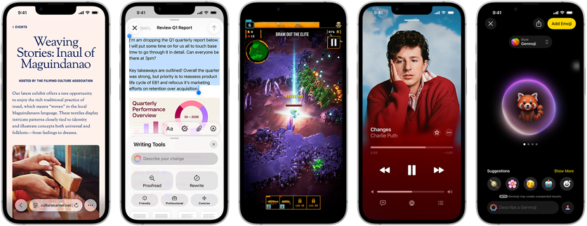 Side-by-side iPhone 17e devices showing different screens: a game being played, Writing Tools, Apple TV app, a calendar event being created, a Genmoji being created
