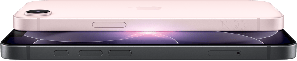 iPhone 17e, horizontal side and back exterior, soft pink color, iPhone 17e, horizontal side and front exterior, black color