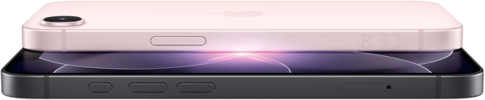 iPhone 17e, horizontal side and back exterior, soft pink color, iPhone 17e, horizontal side and front exterior, black color