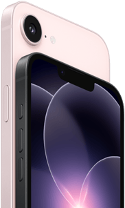 iPhone 17e, horizontal side and back exterior, soft pink color, iPhone 17e, horizontal side and front exterior, black color