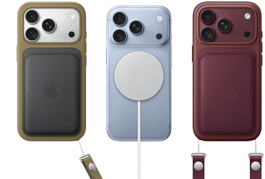 جهاز iPhone&nbsp;18&nbsp;Pro، الجهة الخارجية الخلفية، بلون عنّابي، محفظة من نسيج محبوك مع MagSafe بلون عنّابي؛ جهاز iPhone&nbsp;18&nbsp;Pro، الجهة الخارجية الخلفية، بلون جليدي، مع بطارية MagSafe؛ جهاز iPhone&nbsp;18&nbsp;Pro، الجهة الخارجية الخلفية، بلون فضي، مع حافظة من السيليكون بلون أخضر وشاحن MagSafe‏