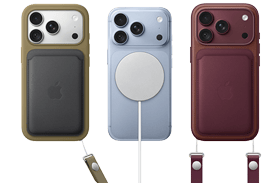 جهاز iPhone&nbsp;18&nbsp;Pro، الجهة الخارجية الخلفية، بلون عنّابي، محفظة من نسيج محبوك مع MagSafe بلون عنّابي؛ جهاز iPhone&nbsp;18&nbsp;Pro، الجهة الخارجية الخلفية، بلون جليدي، مع بطارية MagSafe؛ جهاز iPhone&nbsp;18&nbsp;Pro، الجهة الخارجية الخلفية، بلون فضي، مع حافظة من السيليكون بلون أخضر وشاحن MagSafe‏