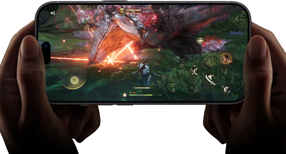 جهاز iPhone&nbsp;18&nbsp;Pro، الجهة الخارجية الأمامية، يعرض قدرات أداء شريحة A20&nbsp;Pro مع مشهد من لعبة 
Monster&nbsp;Hunter&nbsp;Outlanders‏