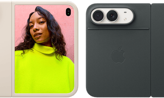 iPhone Duo, Star White color in Sand Silicone Case, landscape orientation, fully opened horizontally, Dual Fusion cameras on the top left, case covers the back exterior and outer edge of the front display, right side features portrait of person on outer display. iPhone Duo, Star White color, fully opened horizontally, Navy Blue Folio with Kickstand, fully opened horizontally, back exterior featuring the 48MP Dual Fusion rear cameras, two lenses
